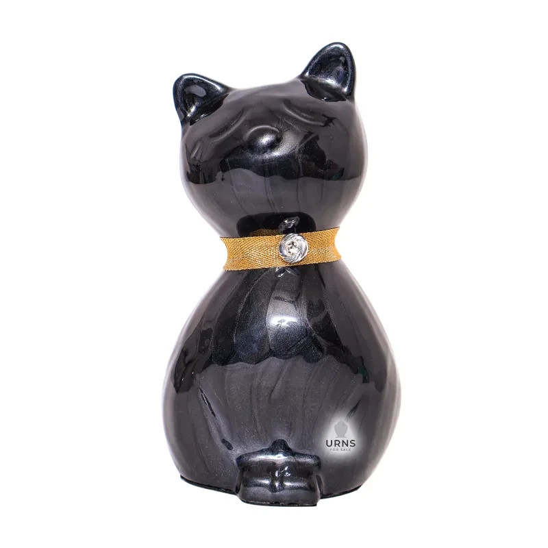 Black Whisker Cat Cremation Urn with Gold Collar & Rhinestone Charm