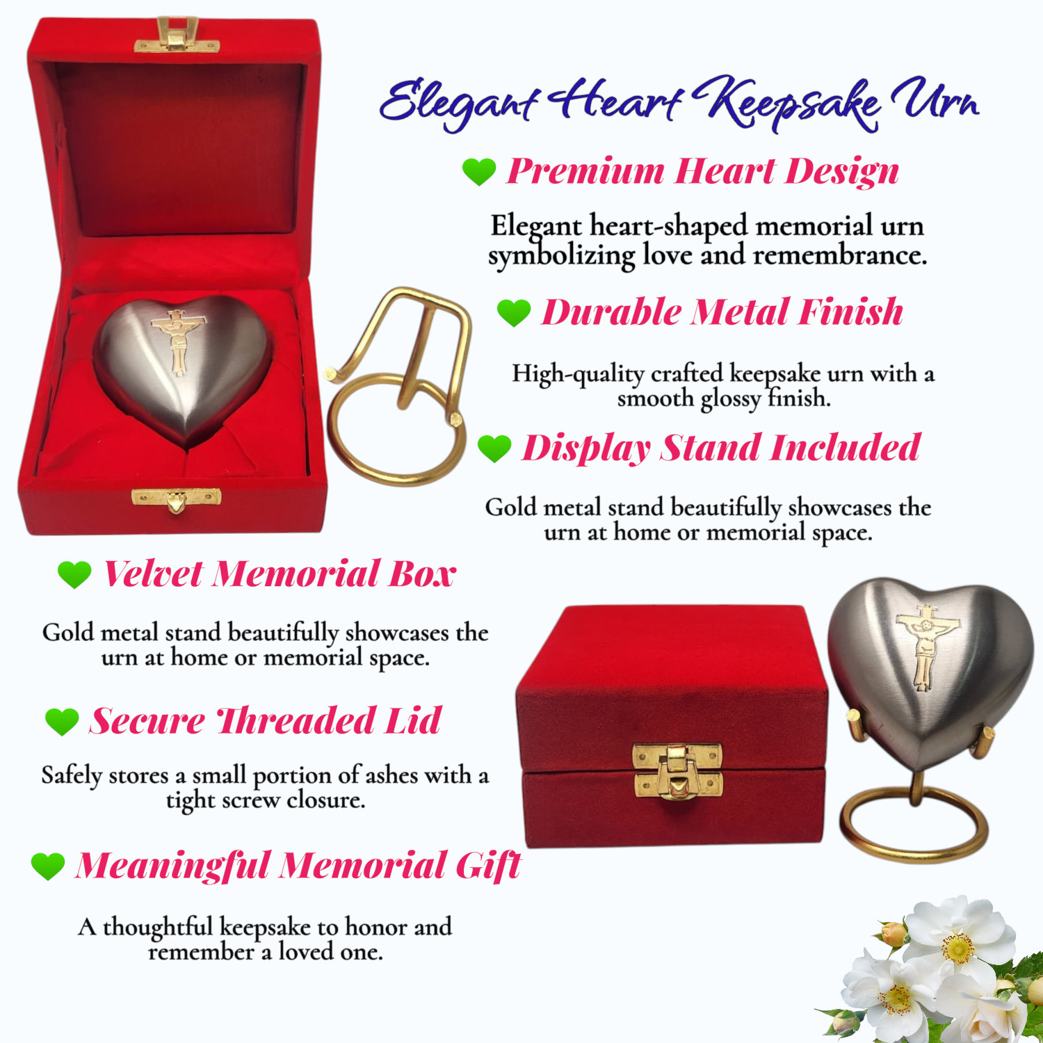 Christian Cross Heart Urn for Ashes Grey Memorial Cremation Keepsake with Box