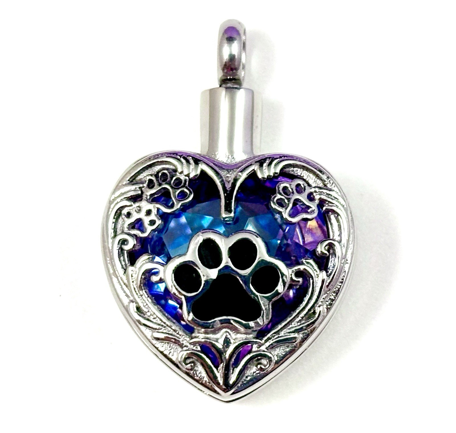 Purple Pet Cremation Necklace Holds Ashes Urn Pendant Jewelry Gift Paw Print Dog