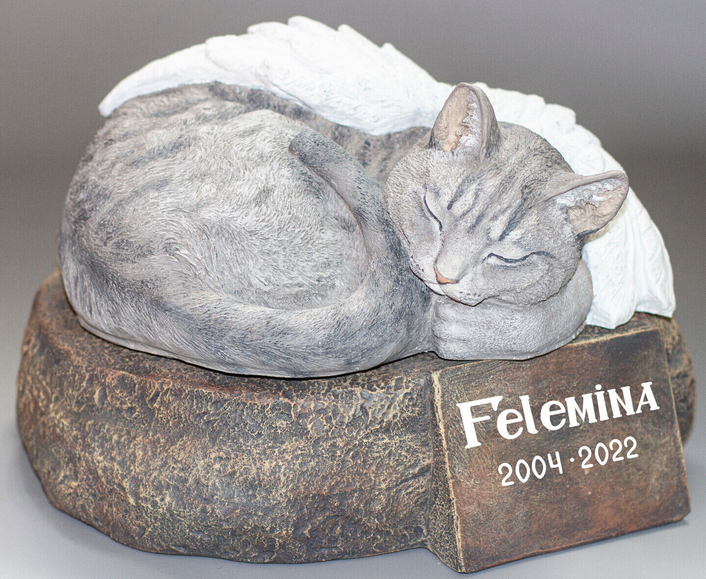 Grave Stone Gray Cat Angel Memorial Urn Pet Ashes Statue Cemetery Funeral Marker