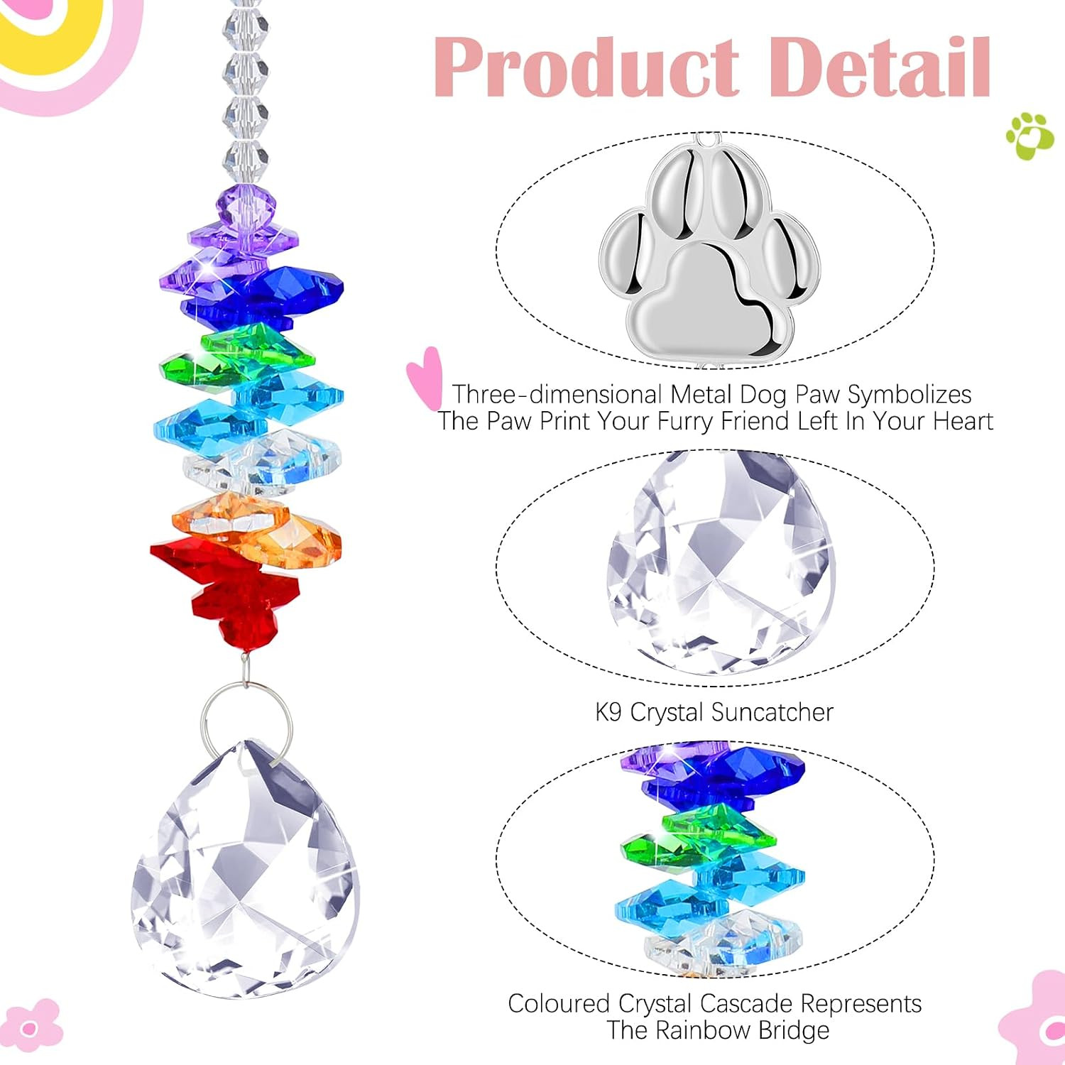 5 Pcs Rainbow Pet Memorial Gifts Set Includes Paw Print Crystal Sun Catcher, Dog