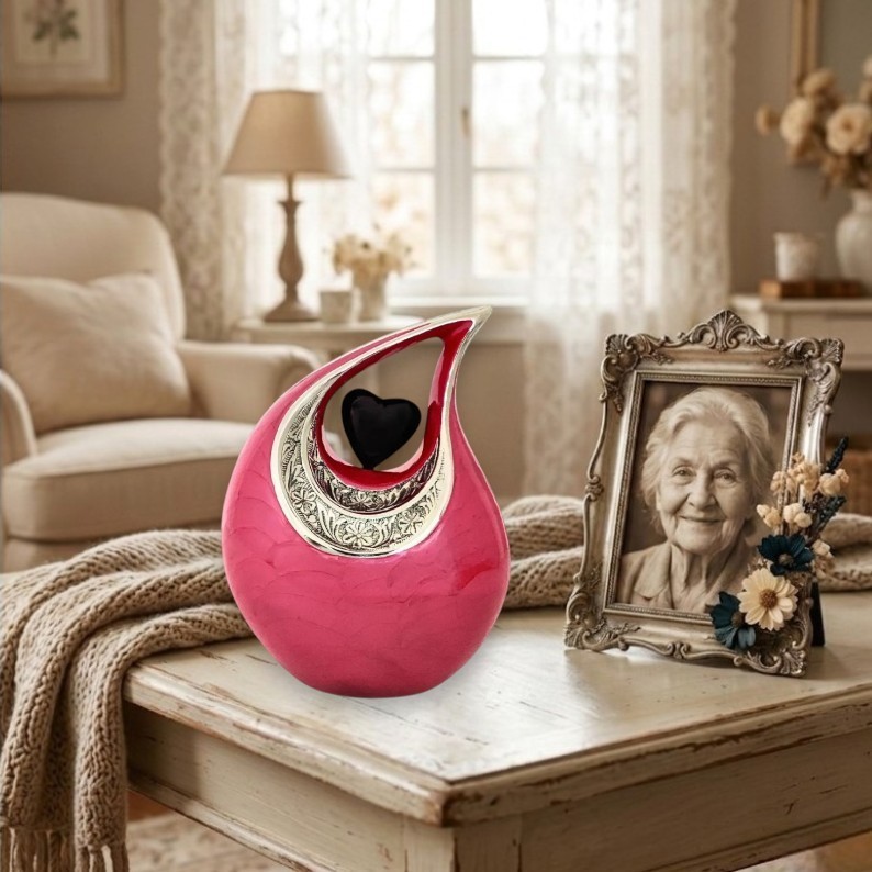 Pink & Silver Engraved Teardrop Metal Teardrop Cremation Urn Ashes for Love Ones