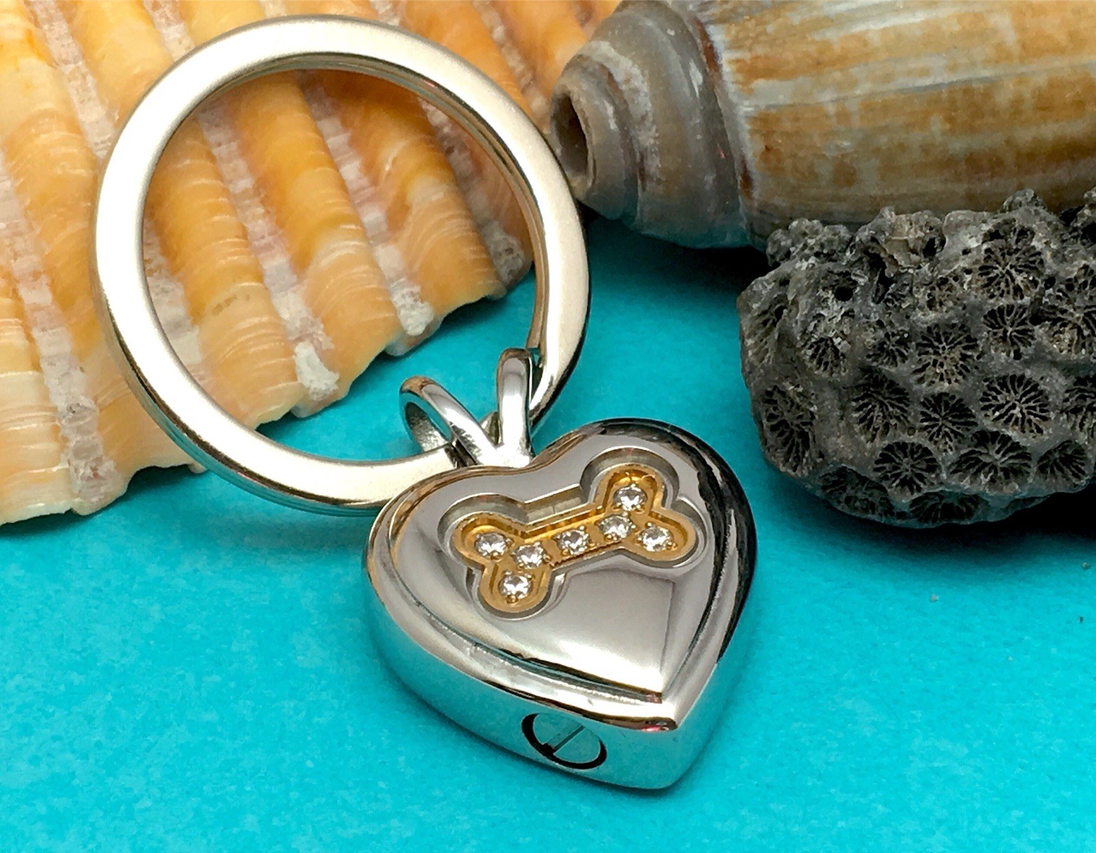 Dog Cremation Pendant Urn Keychain 1″ Key Ring Ash Golden Silver Crystal Bone