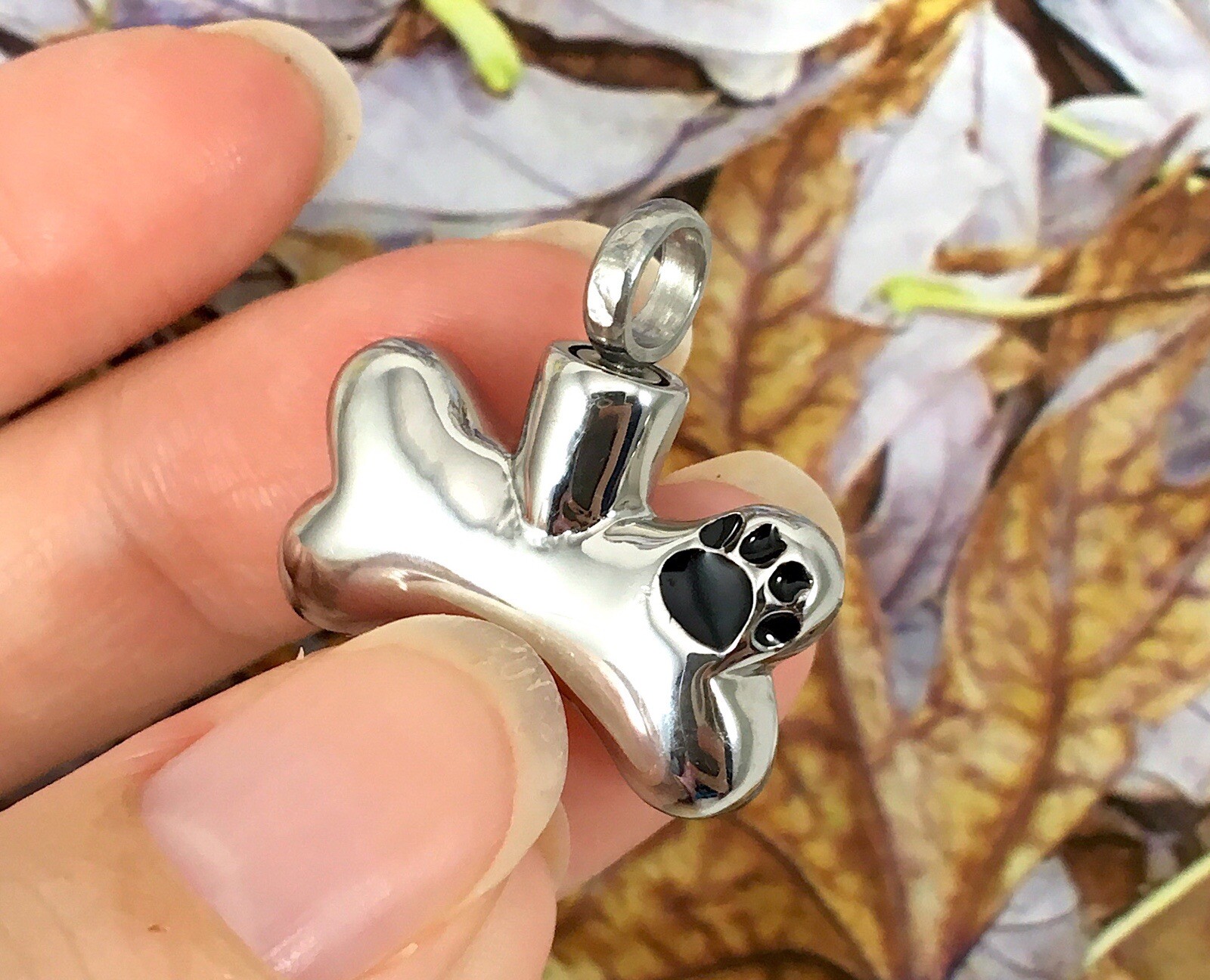 Dog Cremation Pendant Urn Keychain 1″ Key Ring for Ashes Pet Bone Paw Print Gift