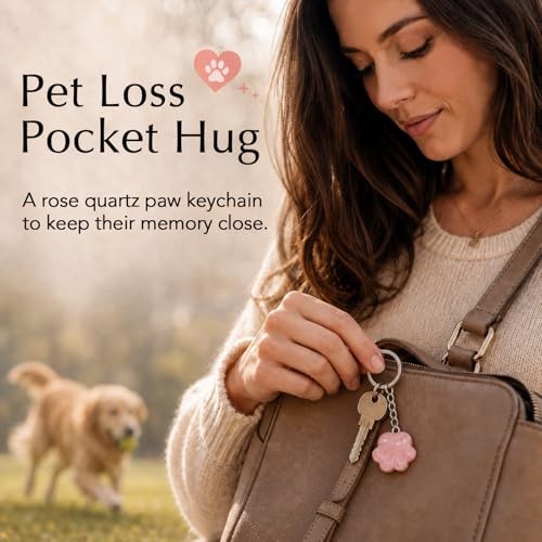 Pet Loss Sympathy Gift – Rose Quartz Paw Keychain, Healing Crystal Pocket Pink