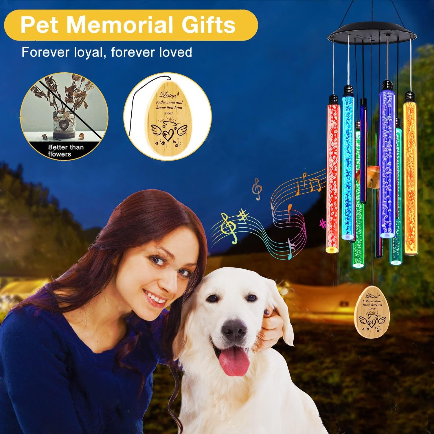 Solar Pet Memorial Wind Chime, Dog Memorial Gifts for Loss of Dog, Rainbow Bridg