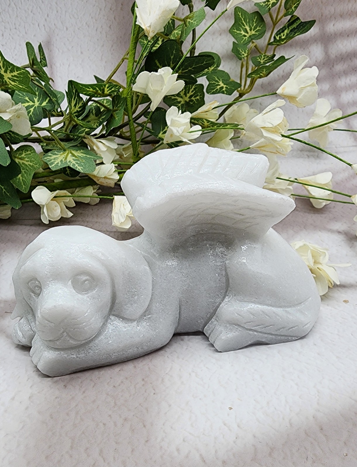 White Jade, Winged Angel Dog, Pet Memorial, Pet Loss Gift, Gemstone Carving