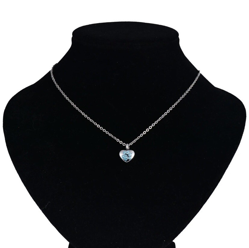 Tiny Pet Cremation Pendant Necklace Girls Ladies Crystal Paw Print Blue Purple
