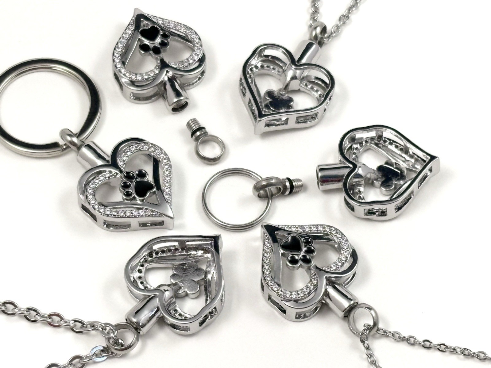 Pet Cremation Pendant Urn Keychain 1″ Key Ring for Ashes Dog Cat Paw Print Cross