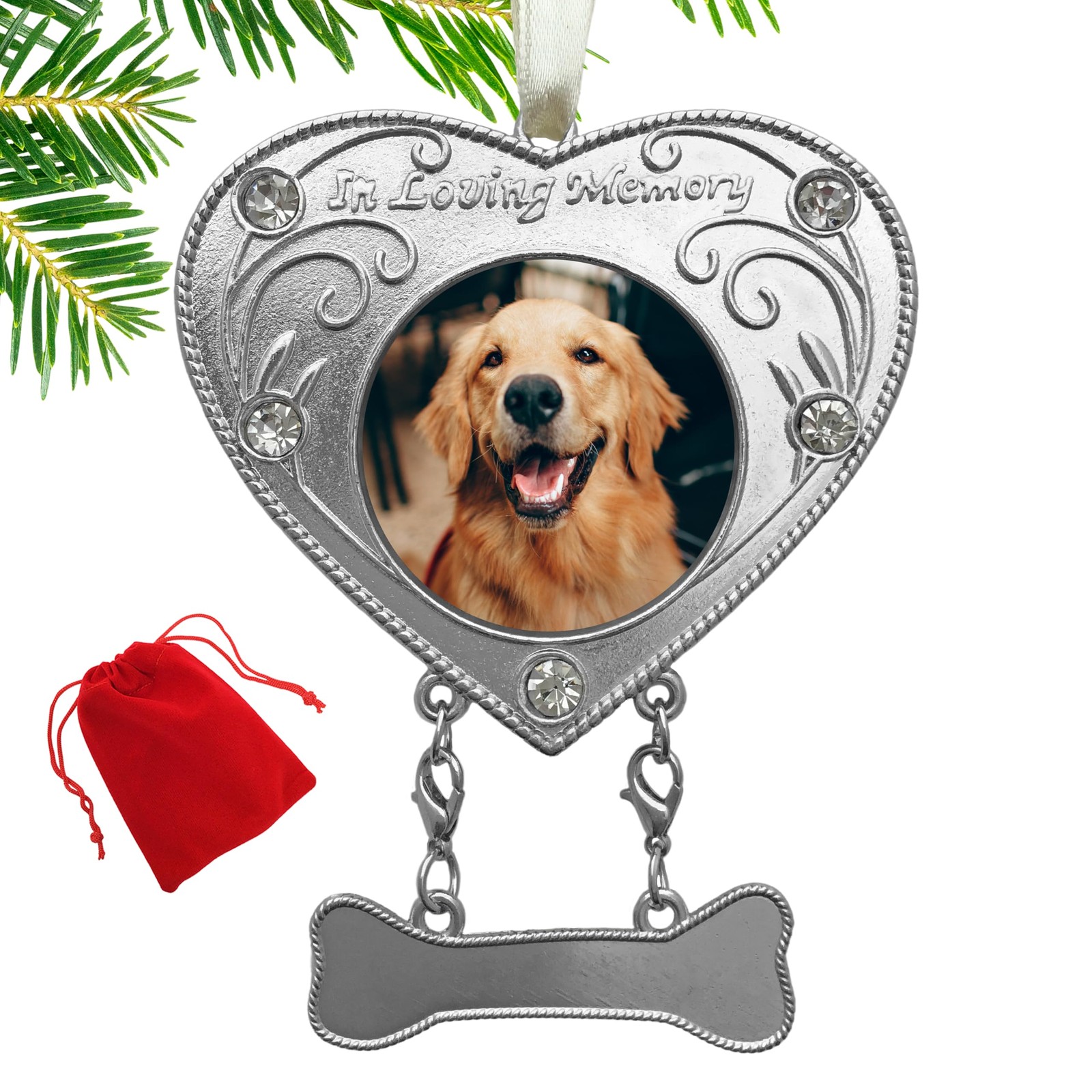Dog Memorial Ornament – in Loving Memory – Photo Christmas Small, Silver