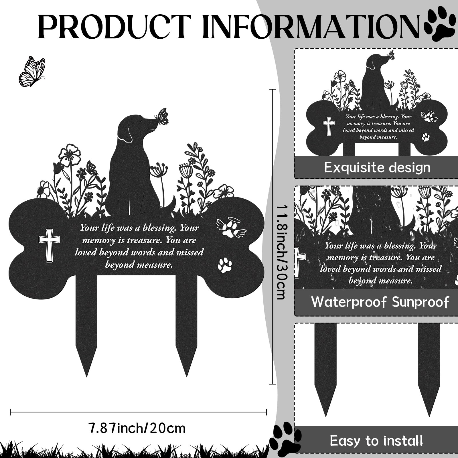 LIRAVENO Dog Memorial Grave Stakes – Metal Black Flowers Loss Pets black