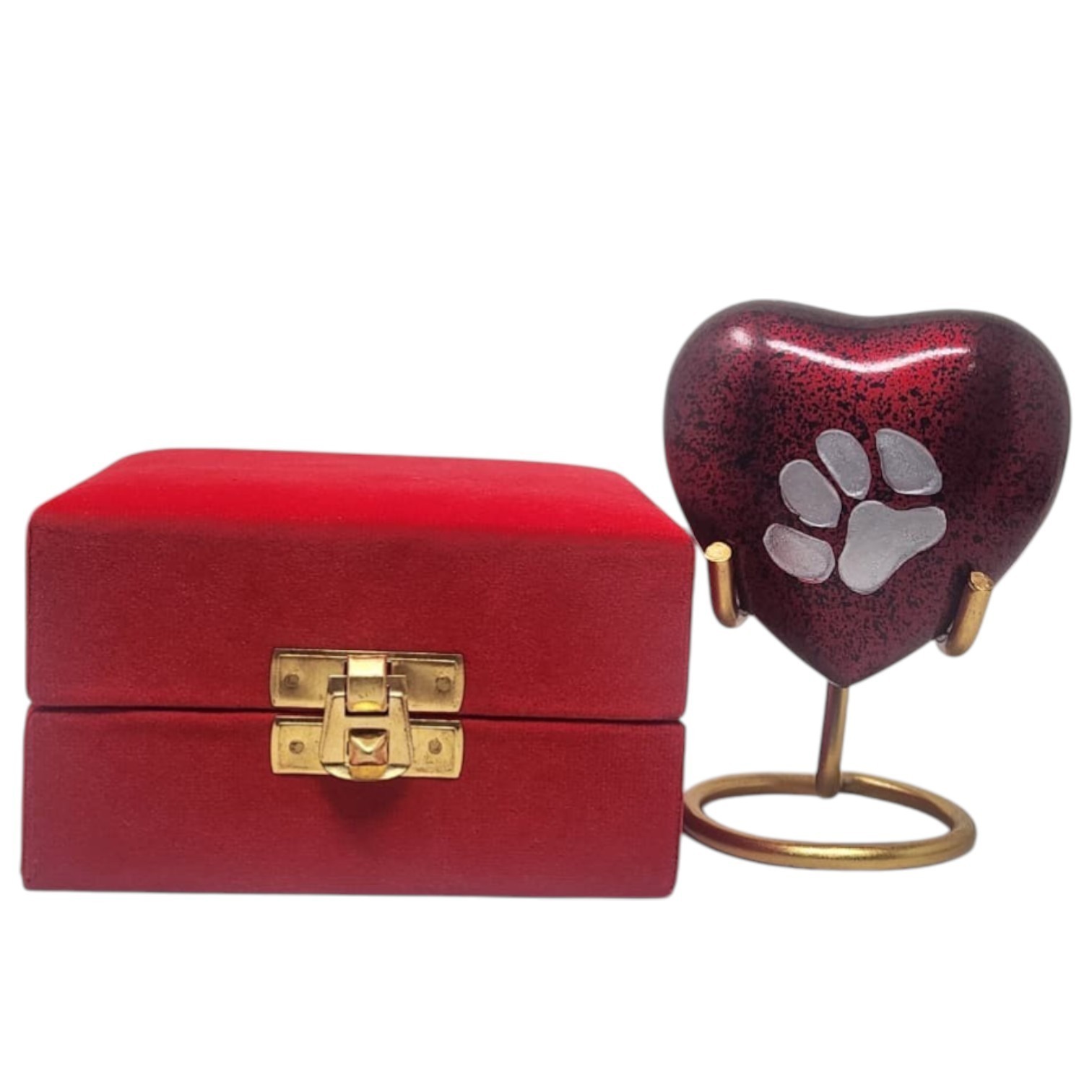 Red Heart Pet Cremation Urn for Dog or Cat Ashes with Paw Print Stand & Box