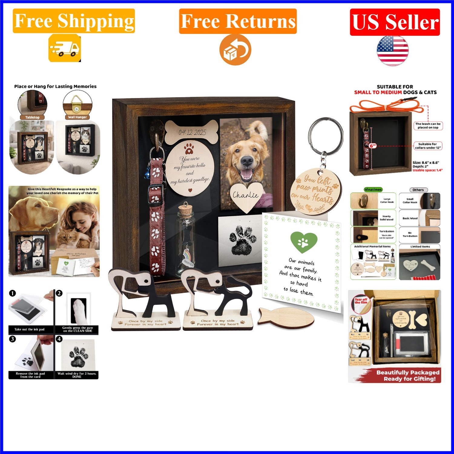 8.6” Rustic Pet Memorial Shadow Box with Collar Holder & Keepsakes