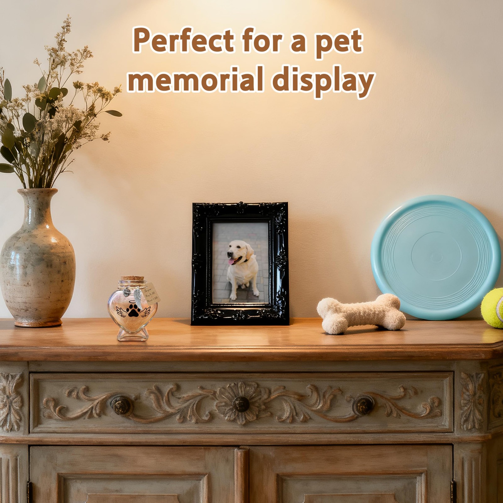 Pet Memorial Gift for Loss of Dog or Cat, Heart Shape Glass Jar & Bottle for …