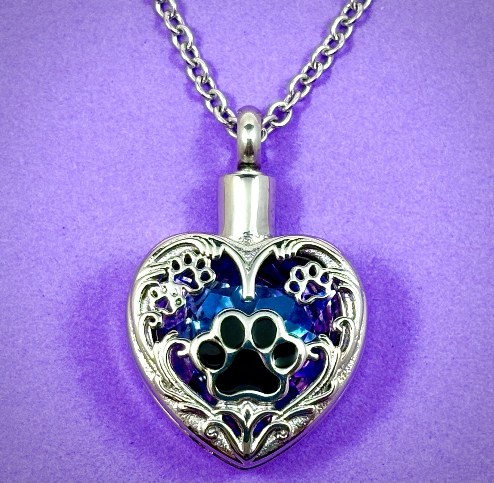 Purple Pet Cremation Necklace Holds Ashes Urn Pendant Jewelry Gift Paw Print Dog