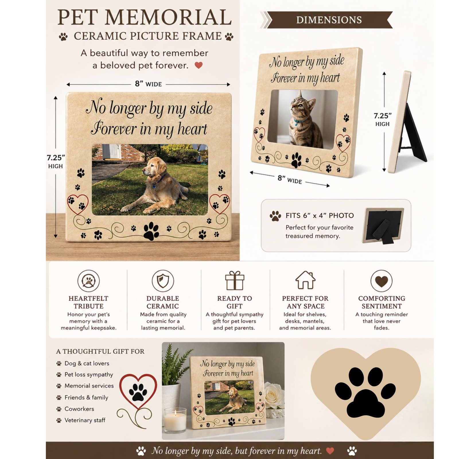 Pet Memorial Picture Frame, Ceramic Pet Loss Gift with Sympathy Quote “No