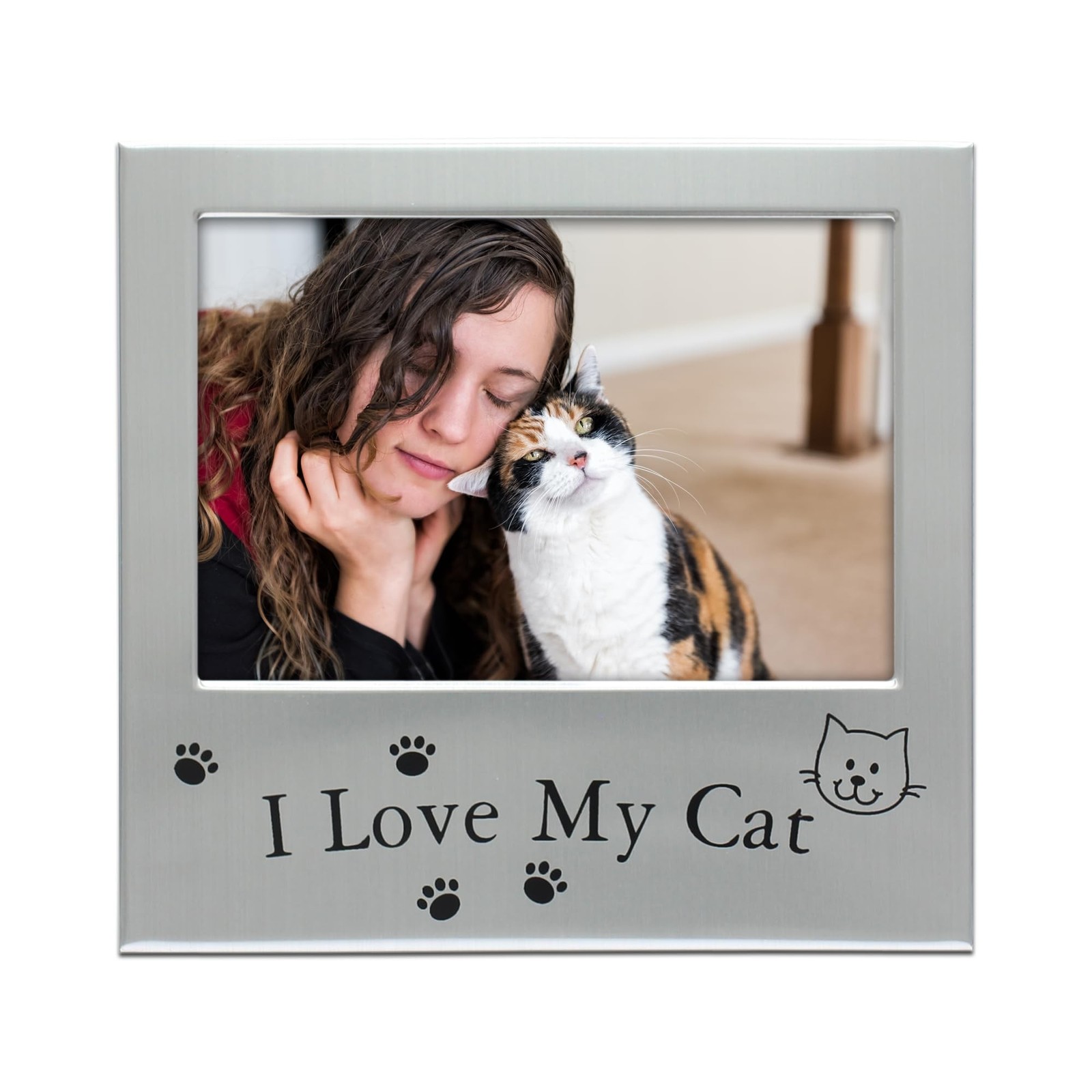 5×3 I Love My Cat Picture Frame, Silver-Tone Metal Pet Photo Frame with Paw P…