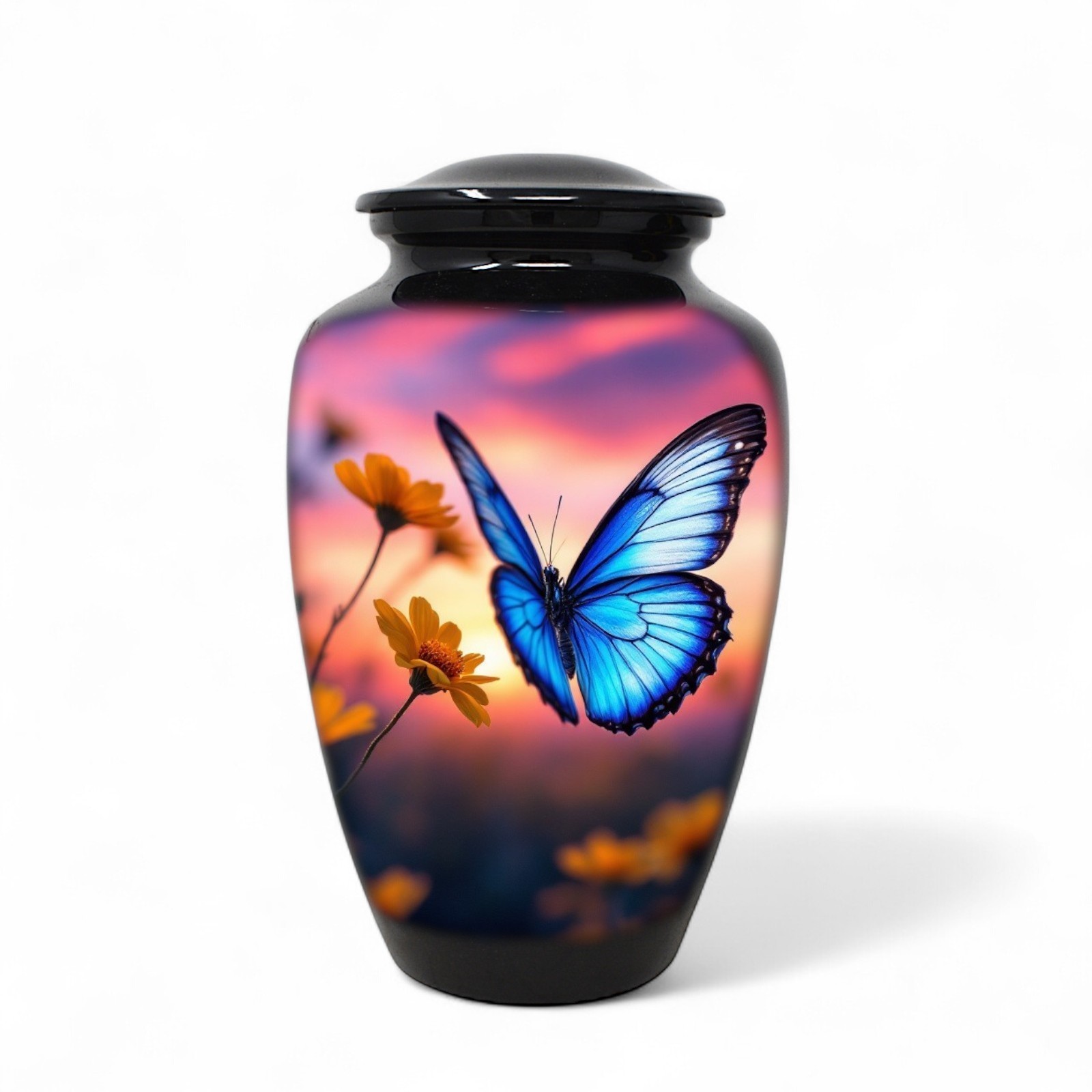 Large Adult Urn for Human Ashes Blue Morpho Butterfly Urn with Velvet Bag