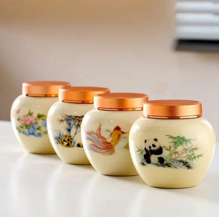 Japanese Water Color Urn Dog Cat Pet Ashes Memorial Small 3” Gold Screw Cap