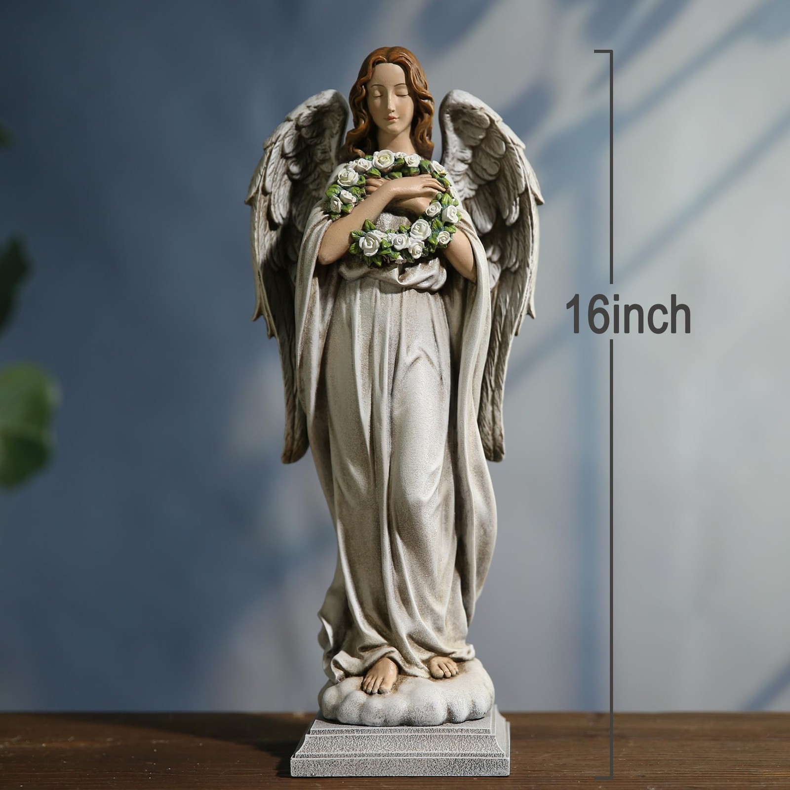 Garden Angel with Flower Wreath Statue – 16″ Outdoor Memorial Angel Decor