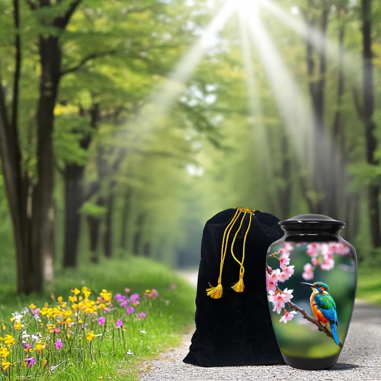Large Adult Urn for Human Ashes Kingfisher Bird Cherry Blossom Urn with Bag