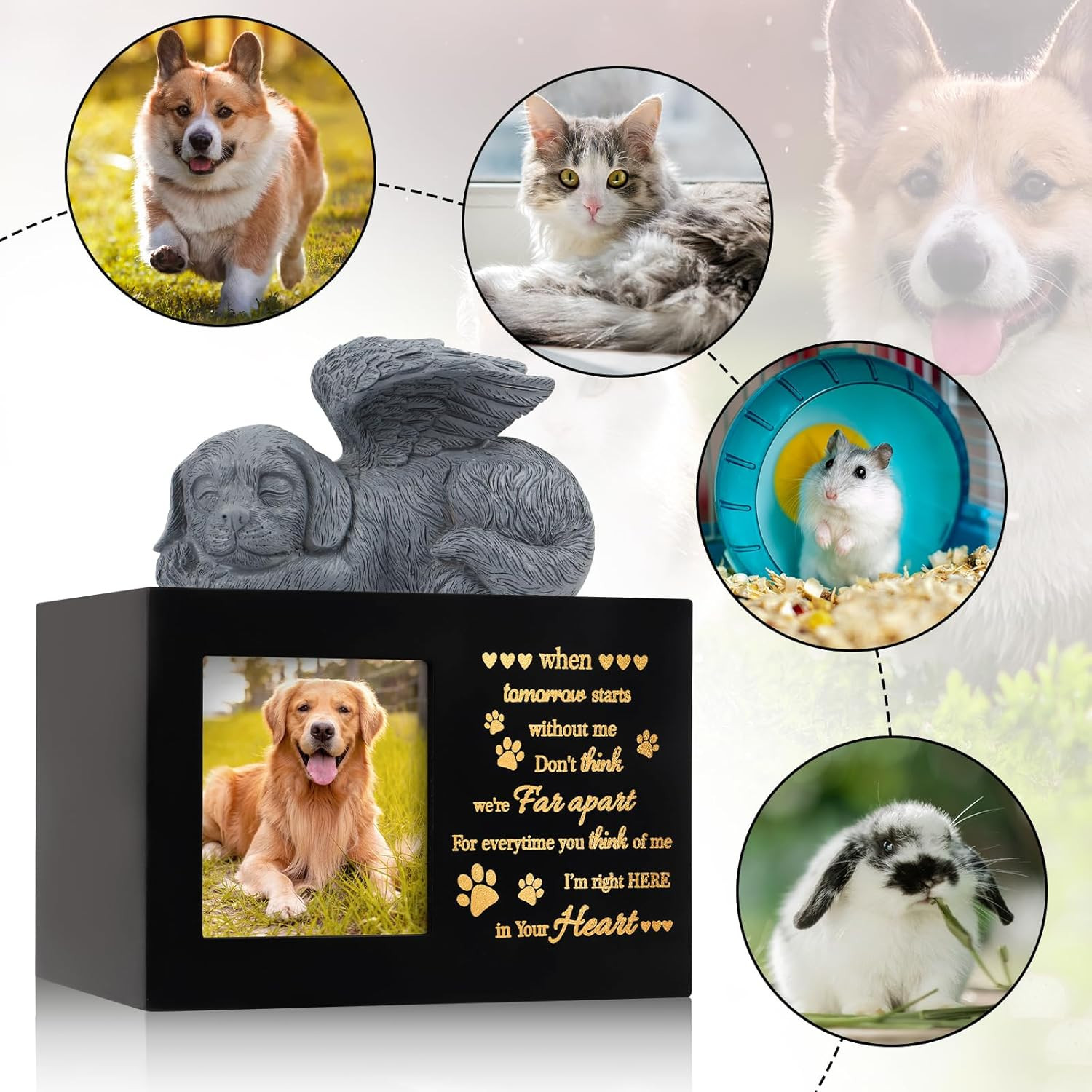 Large Wooden Pet Urn for Dog Cat Ashes with Angel Figurine and Photo Frame Black