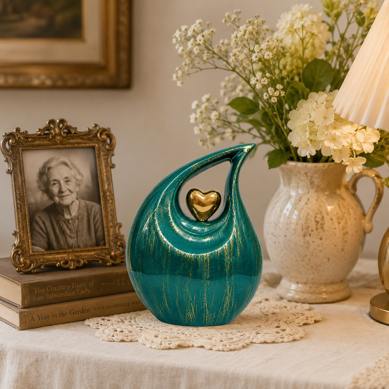Emerald Green Teardrop Cremation Urn Gold Brush Human Adult Ashes Your Love Ones