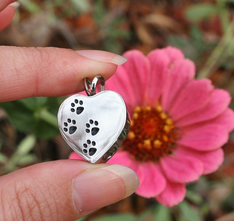 Pet Cremation Necklace Jewelry Pendant Urn 4 Ash Paw Prints On My Heart Dog Cat