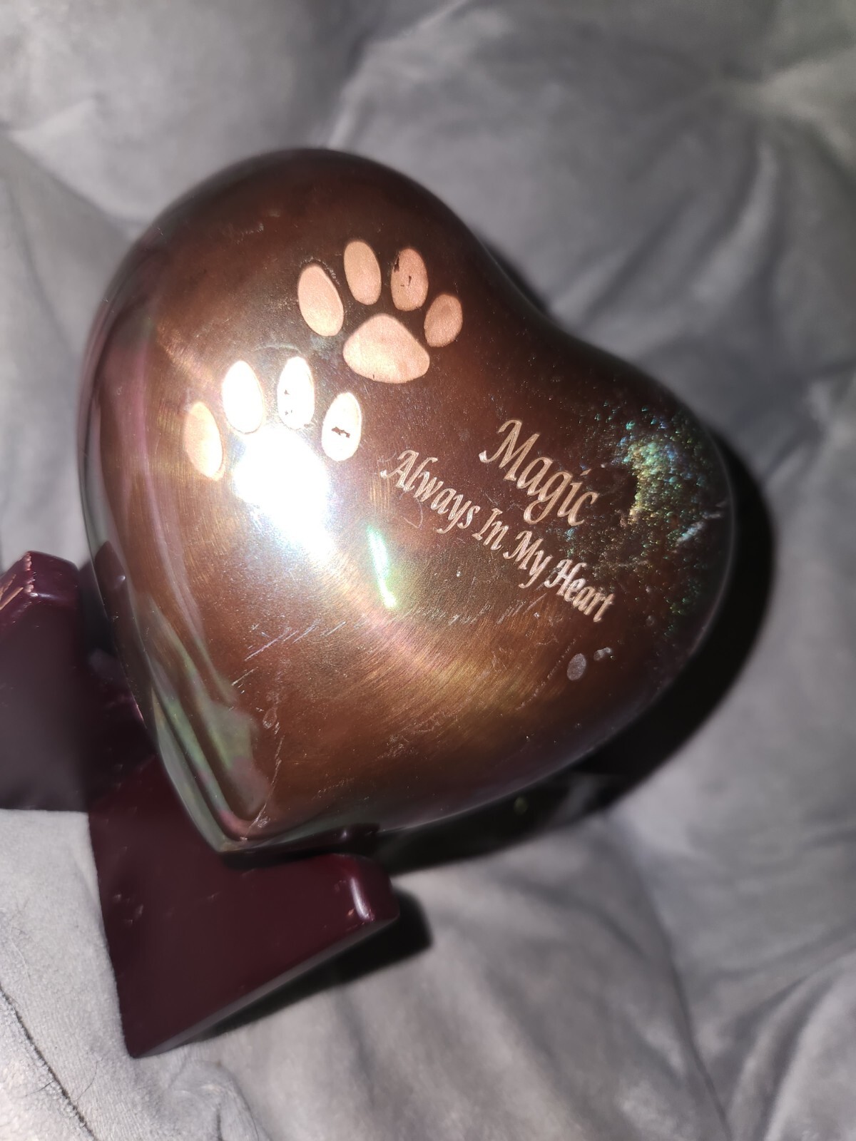 Iridescent Paw Print Raku Heart Shaped Keepsake Pet Urn Magic Always In My Heart