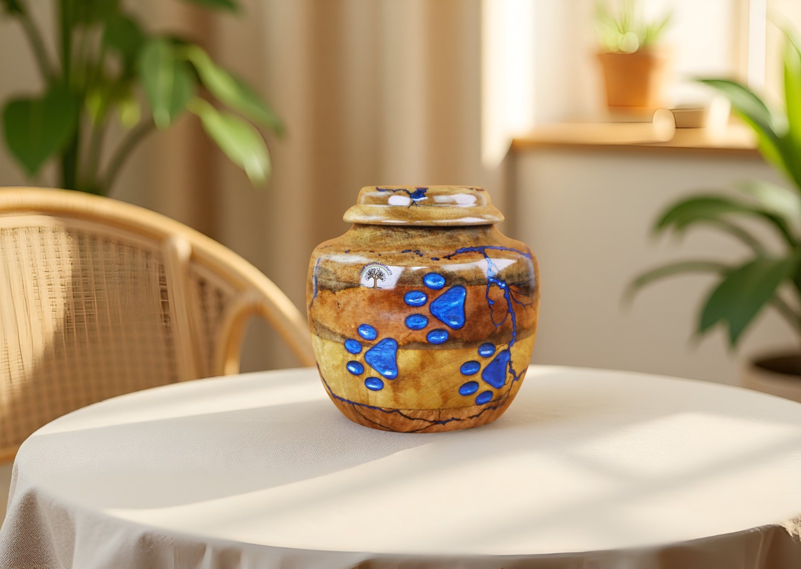Pet Cremation Urn with Blue Paw Prints – Handcrafted Decorative Urn for Dog