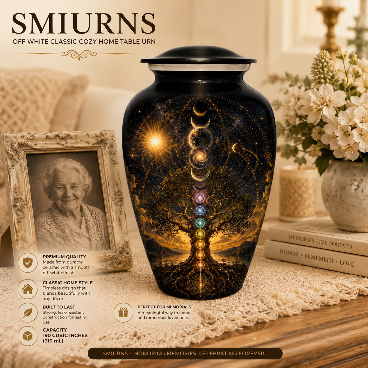 Cremation Urn for Human Ashes Adult Large 190 Cu In Tree of Life Chakra Urns