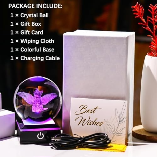 3D Cat Memorial Gift with LED Base – Angel Wing Crystal Ball for Cat Lovers, Sym