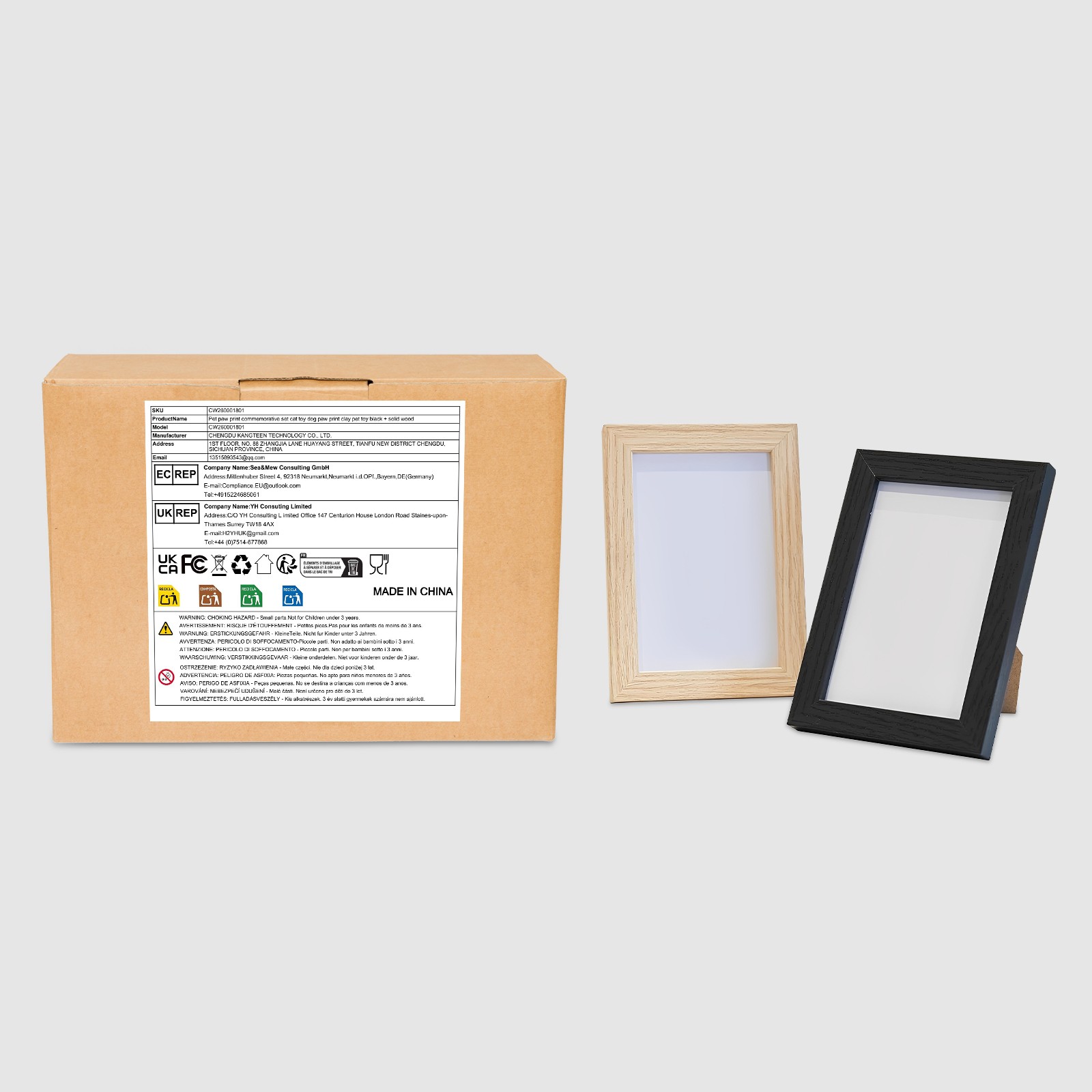 Non-Toxic Ink-Free Paw Print Kit W/ Pine Wood Frame for Cats, Dogs, or Babies
