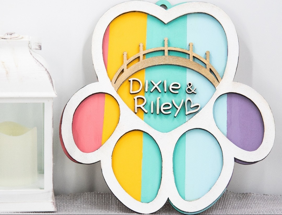 Personalized Pet Memorial Paw Print Wall Hanging Dog Cat Rainbow Bridge Sign 12″