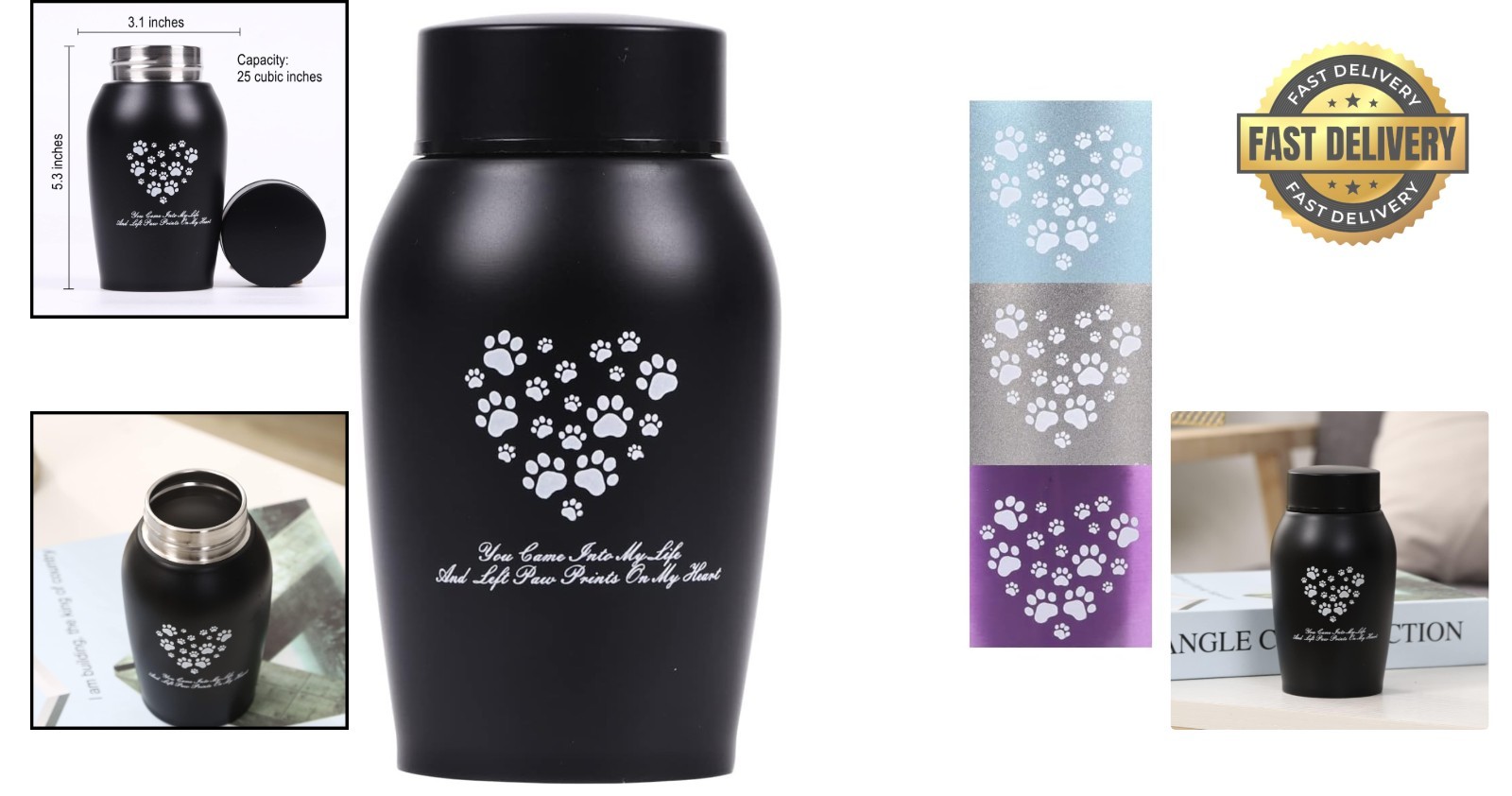 Elegant Black Stainless Steel Pet Urn for Dog & Cat Ashes – 25 Cubic Inches