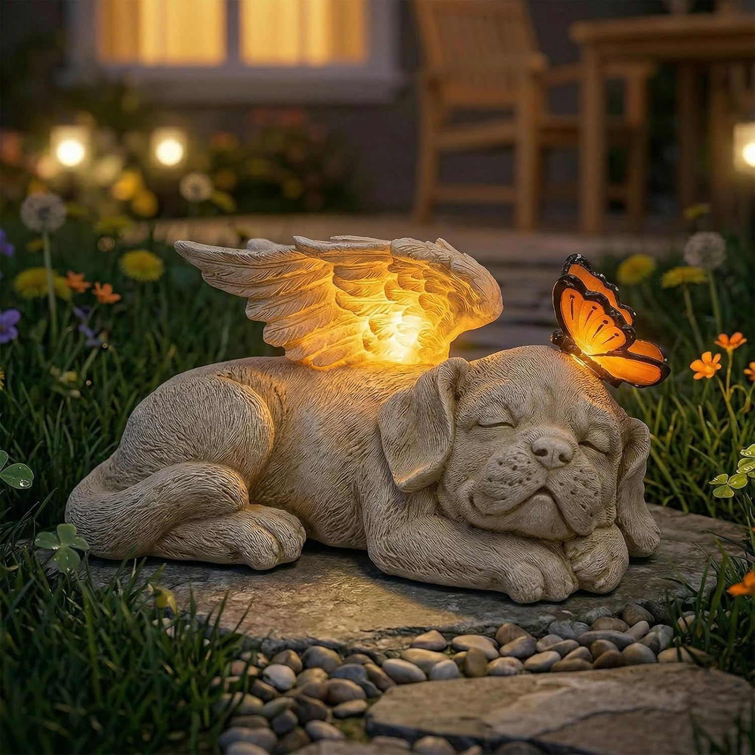 WONDER GARDEN Sleeping Dog Angel Statue with Solar Light – Pet Memorial Stone, i