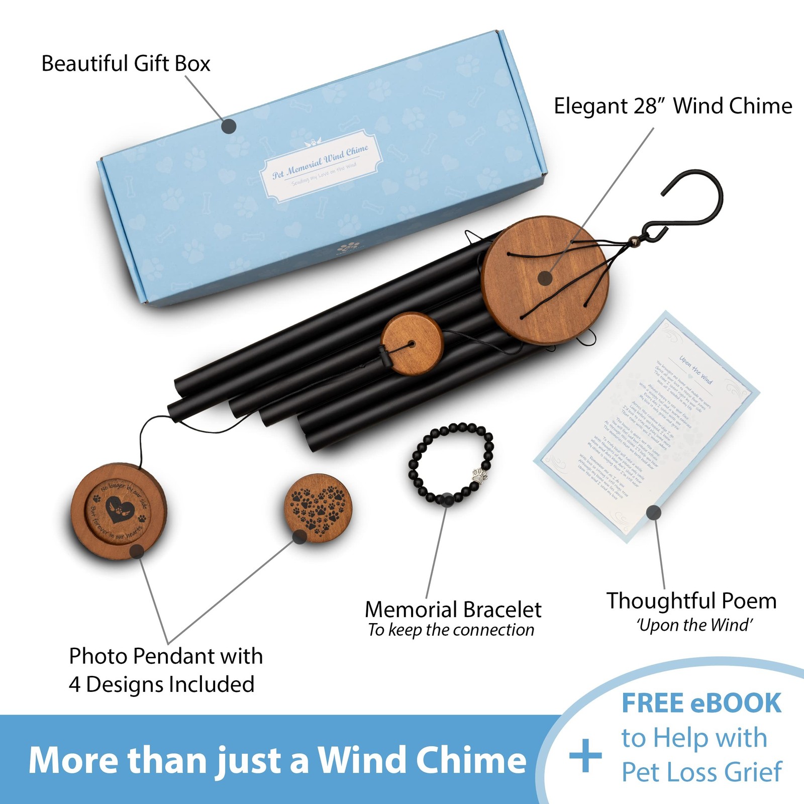 Dog Memorial Wind Chime 28″ with 5 Pendant Designs and Comforting Pet Loss eB…