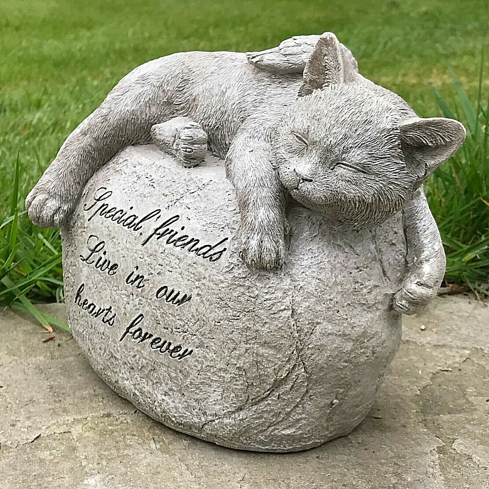 Large Cat with angel wings on stone memorial grave marker ornament pet loss gift