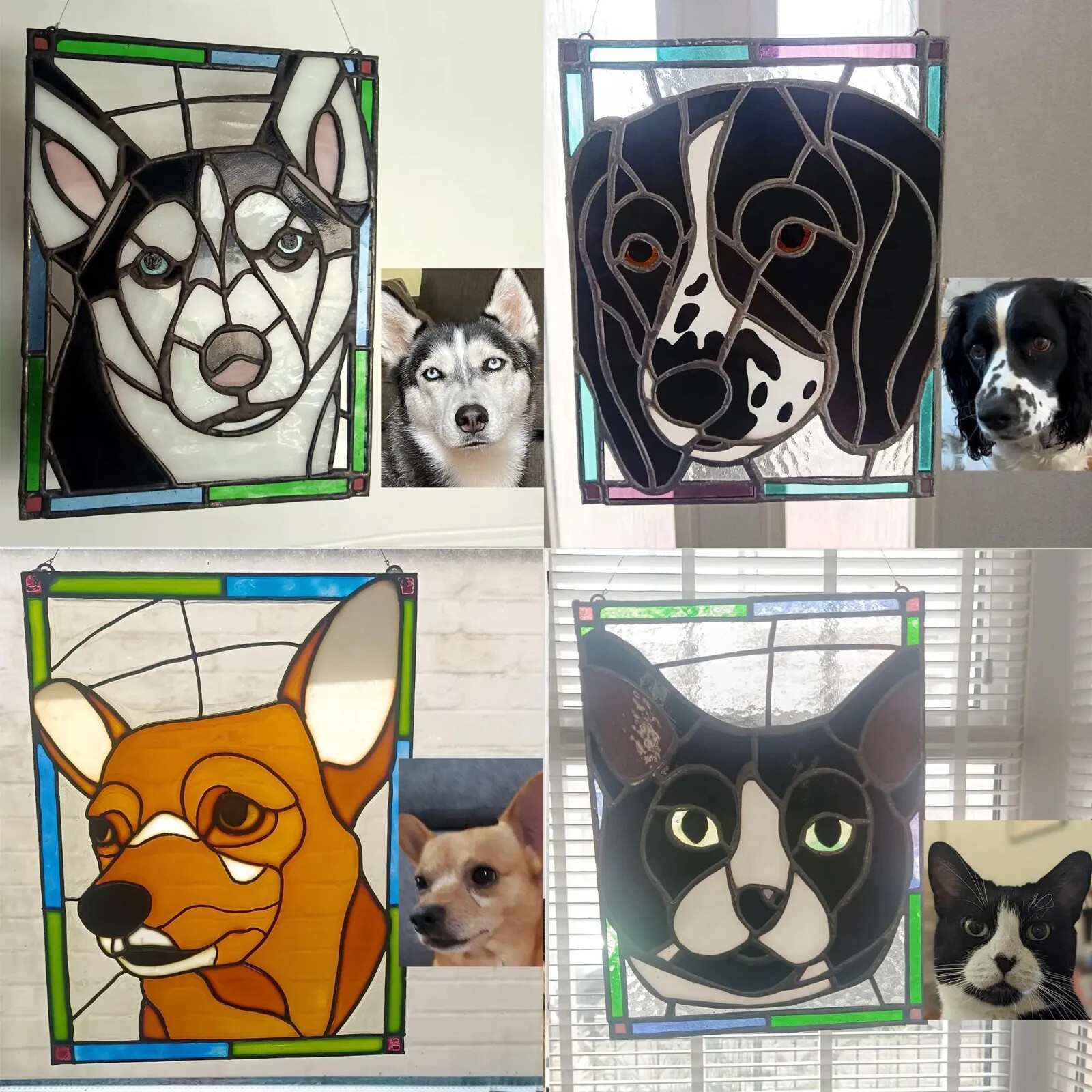 Custom Stained Glass Pet Portrait Panel – Dog Cat Memorial Keepsake – Handmade
