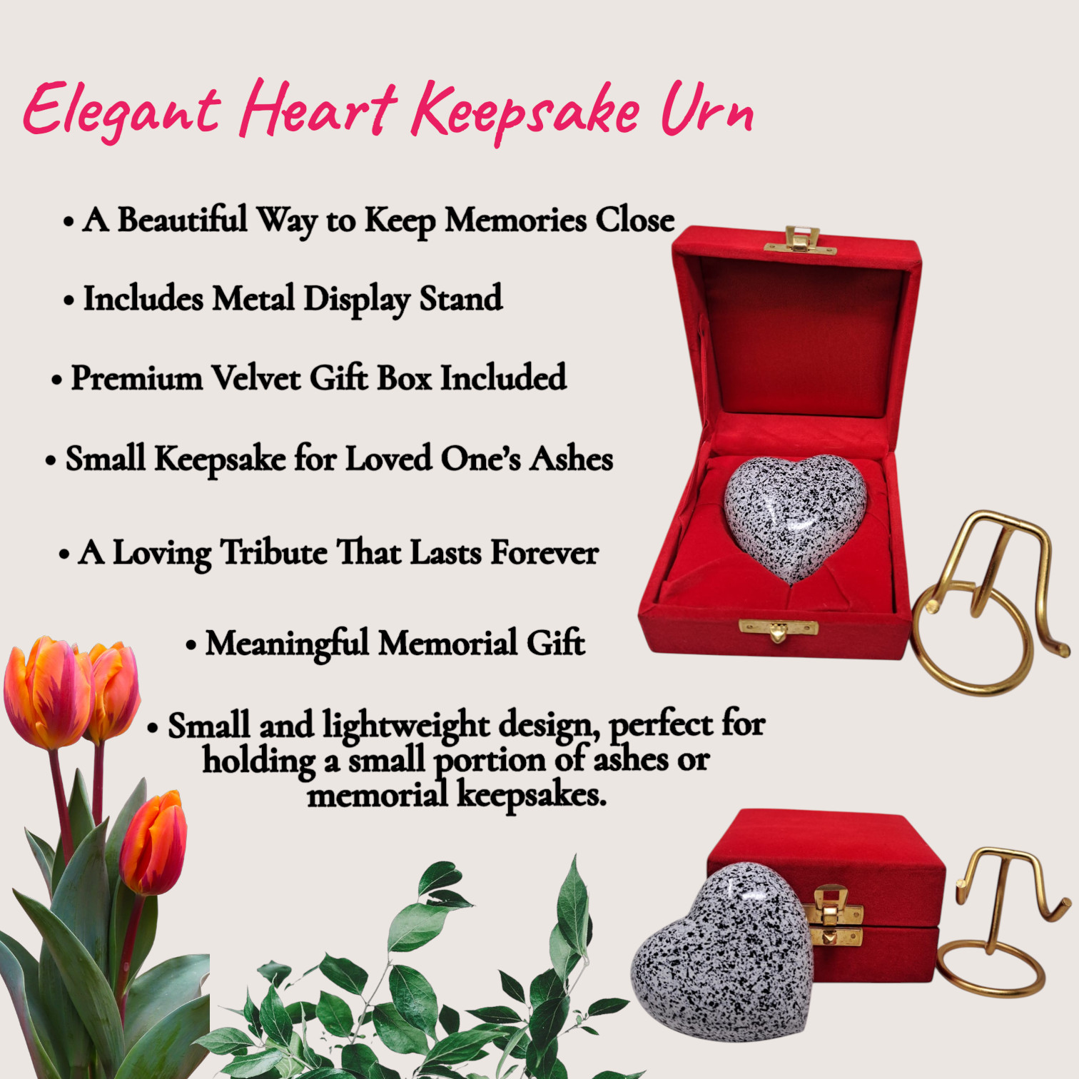 Mini Memorial Heart for Ashes Keepsake Cremation Urn Human Pet with Stand &Box