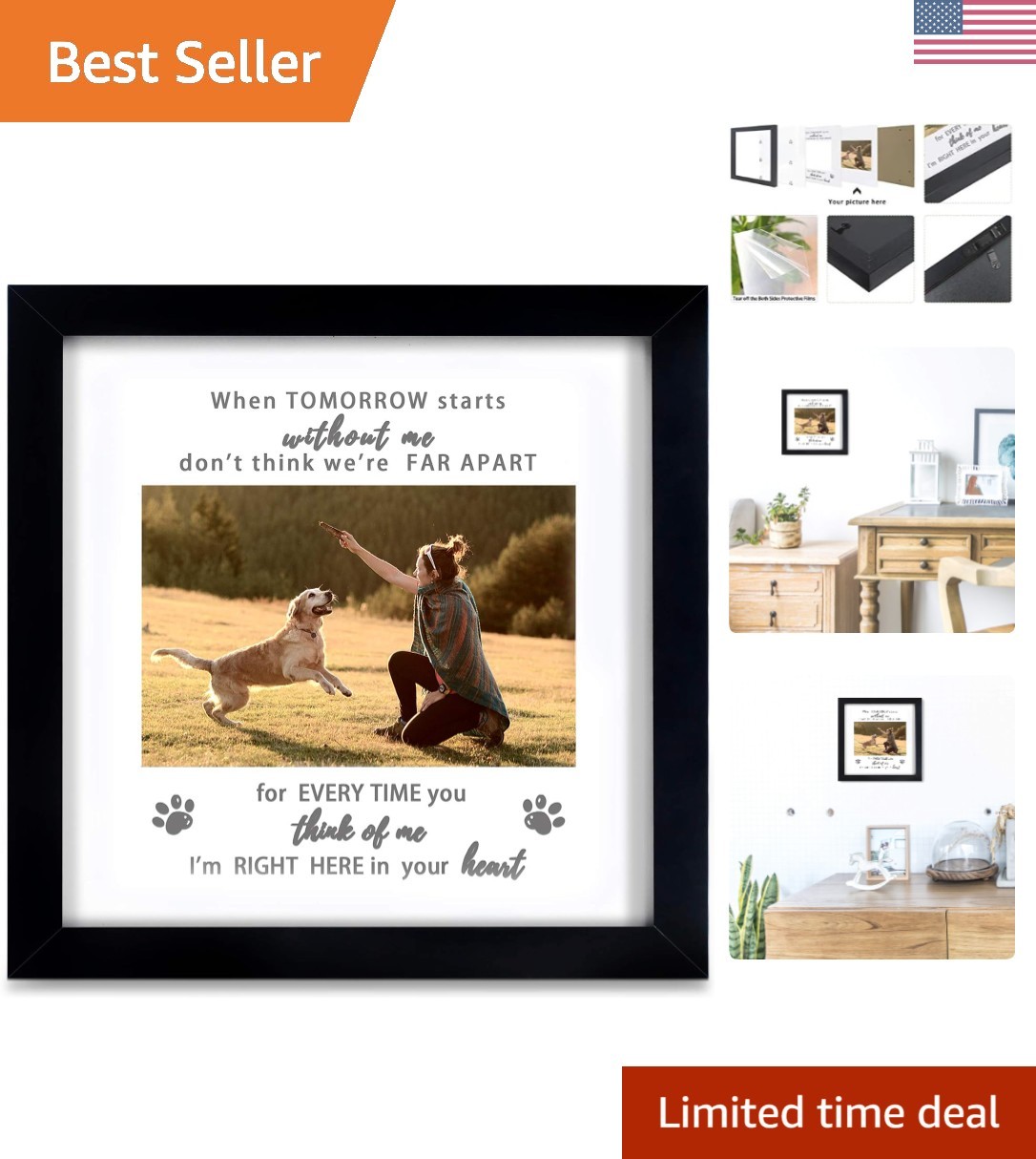 Inspirational 9×9 Pet Tribute Frame with Comforting Message – Cat/Dog Memorial