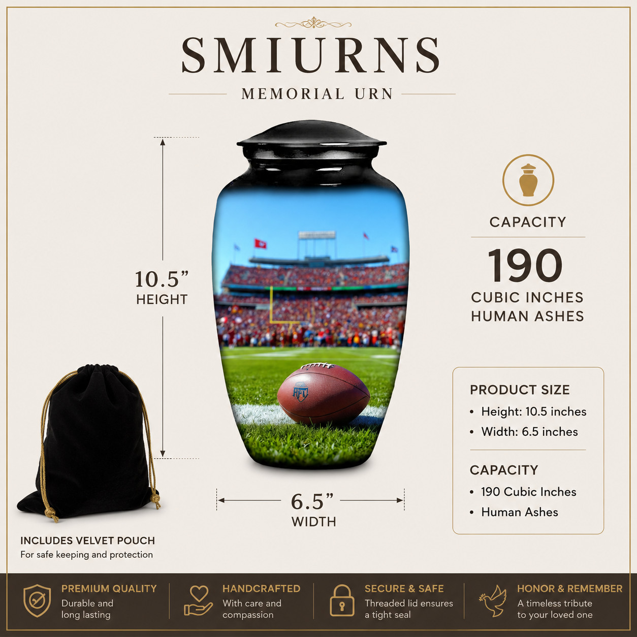 Football Cremation Large Black Urn Human Ashes w/Bag for Your Love Ones Earns