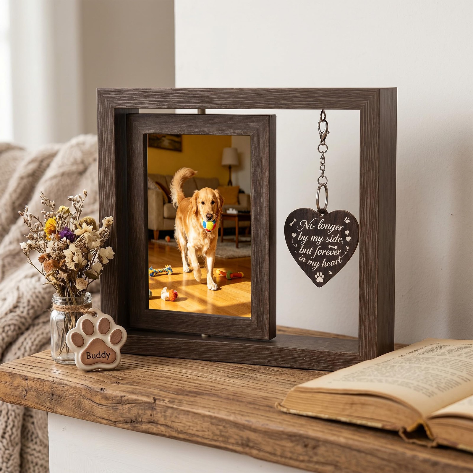 Dog Memorial Gifts for Loss of Dog – Brown 4×6 Rotating Wooden Picture Frame …