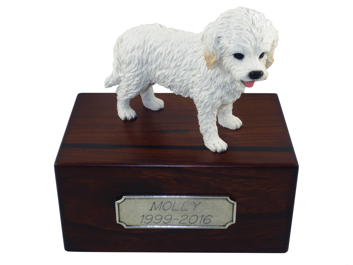 Beautiful Paulownia Wood Personalized Urn with White Cockapoo Figurine