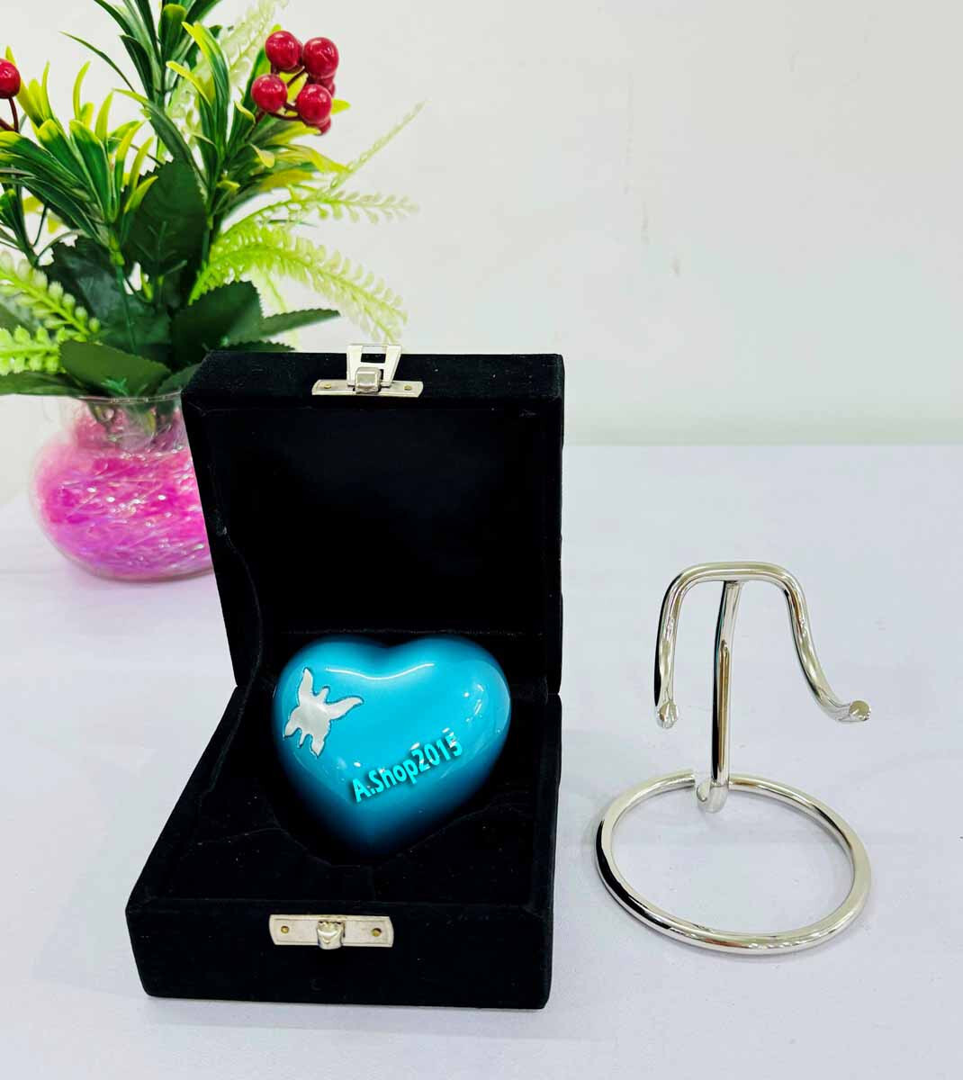 Cremation Urn for Ashes Keepsake Blue Heart Urn with Box and Stand Mini Pet urn