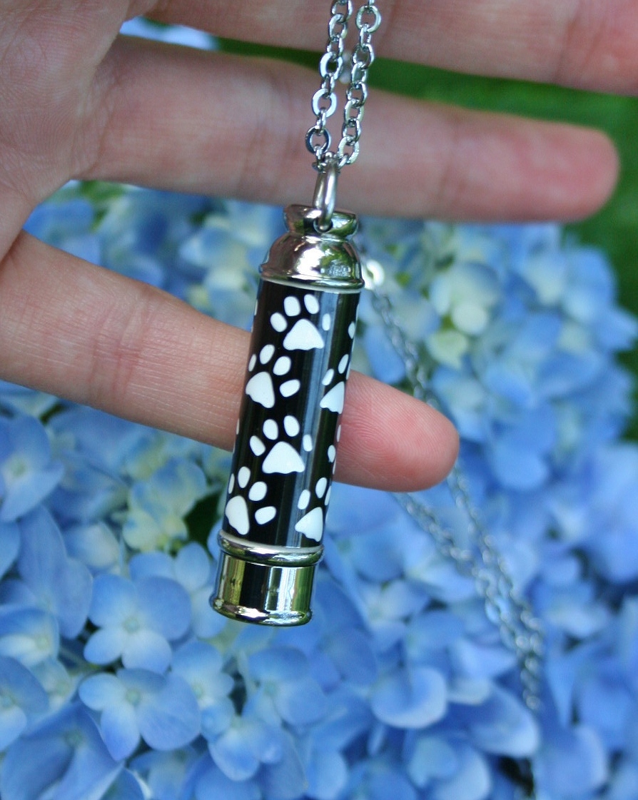 Mens Pet Cremation Necklace Pendant Urn for Ashes LARGE Vial Dog Cat Paw Prints