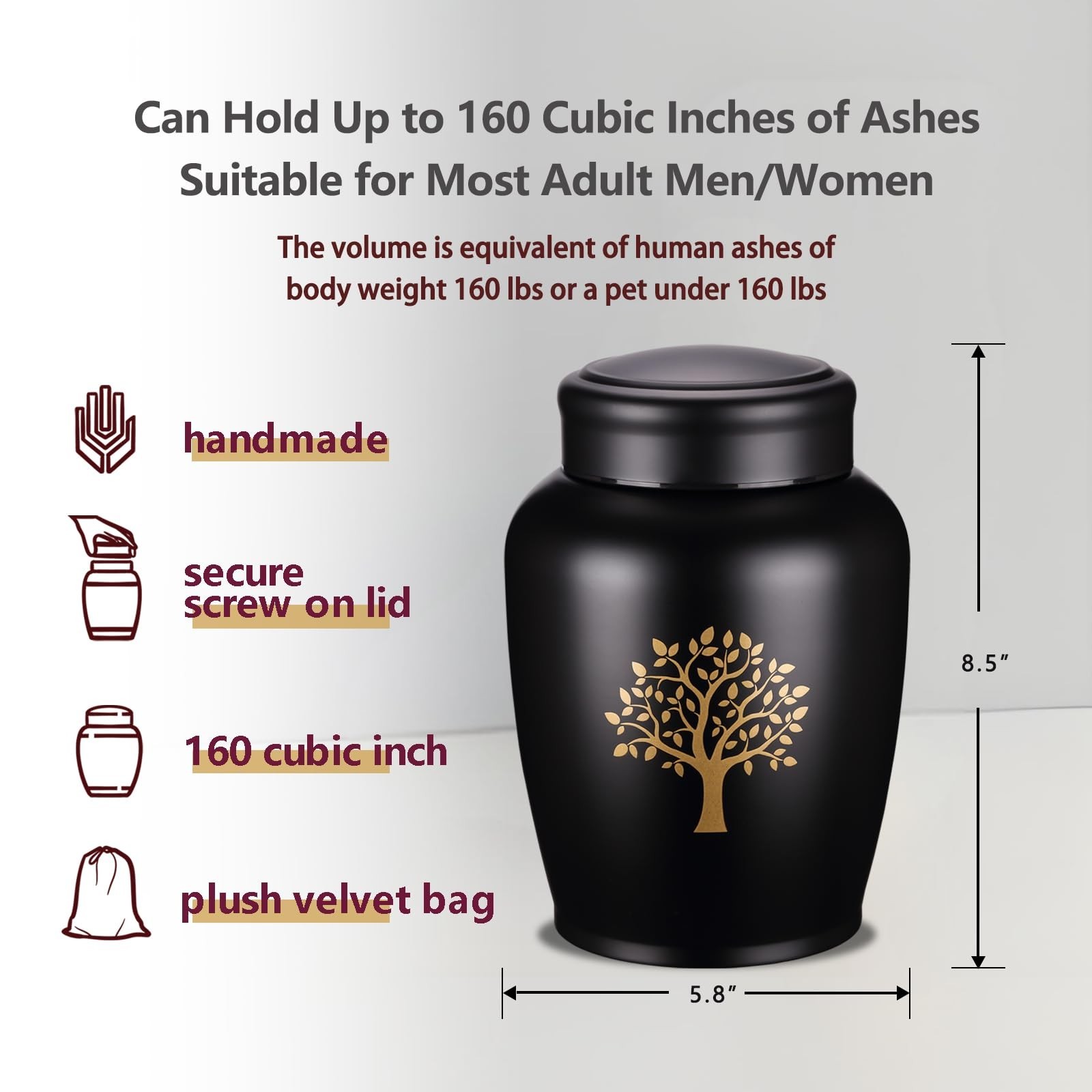 Large Black Urns for Ashes for Women Men,Tree of Life Cremation Metal Urn for…