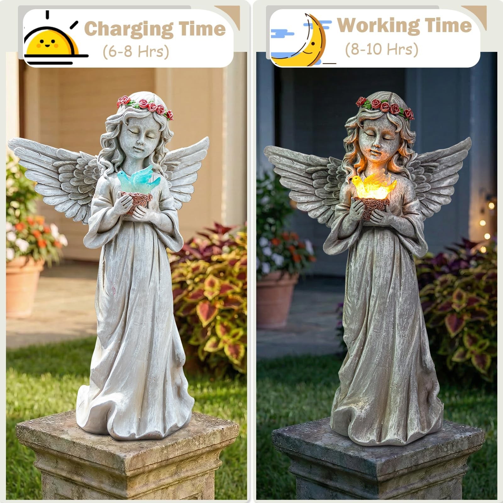 Angel Garden Statue Outdoor Decor, Angel Garden Figurine Hold Bird’s Nest wit…