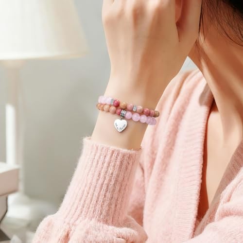 2Pcs Dainty Crystal Cremation Memorial Urn Bracelet Stretch Heart Pink