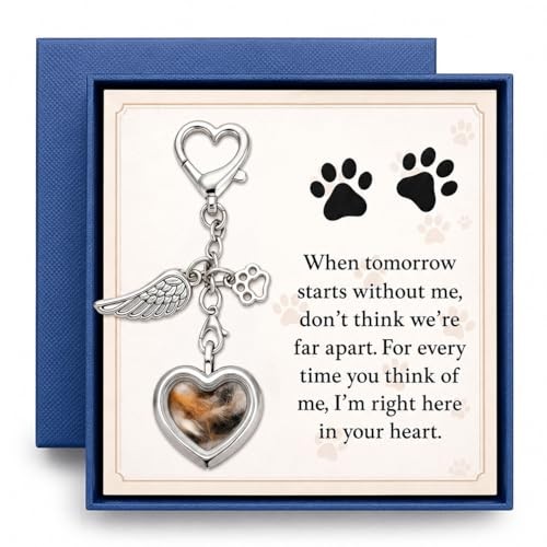 Pet Fur Keepsake Sympathy Gift, Dog Cat Memorial Locket Keychain with Card &